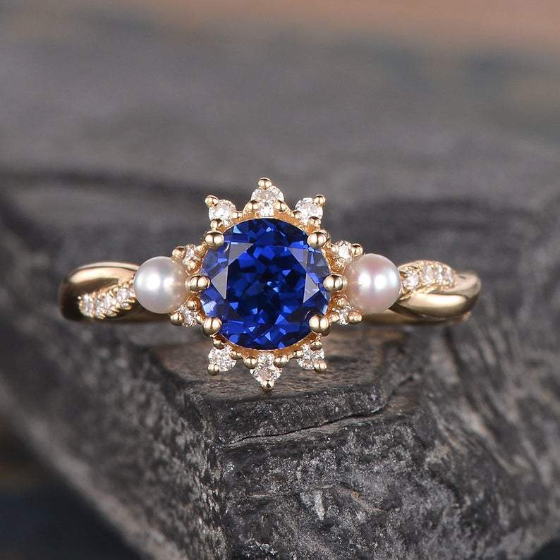 Blue Sapphire & Akoya Pearl Ring, Halo Surround