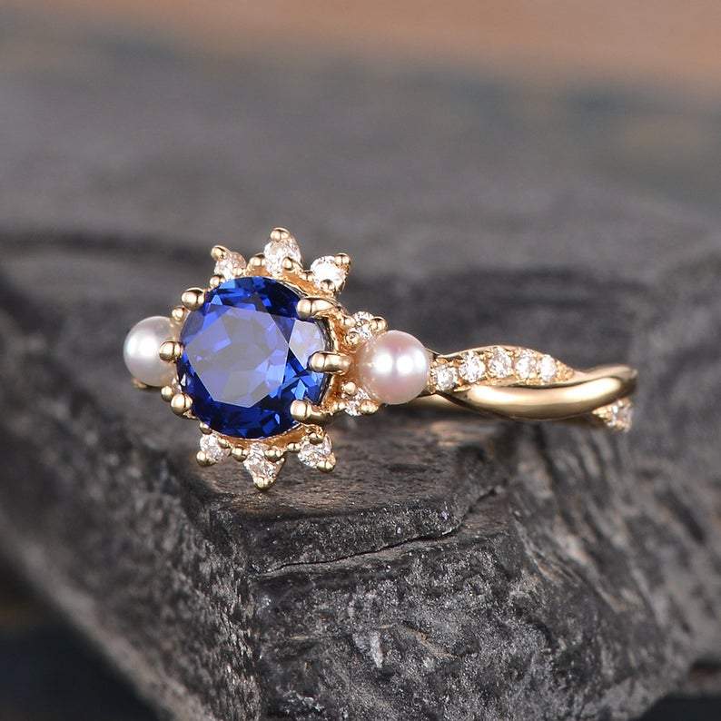 Blue Sapphire & Akoya Pearl Ring, Halo Surround