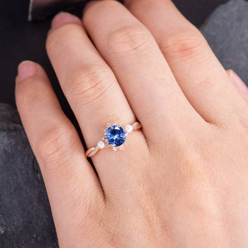 Blue Sapphire & Akoya Pearl Ring, Halo Surround