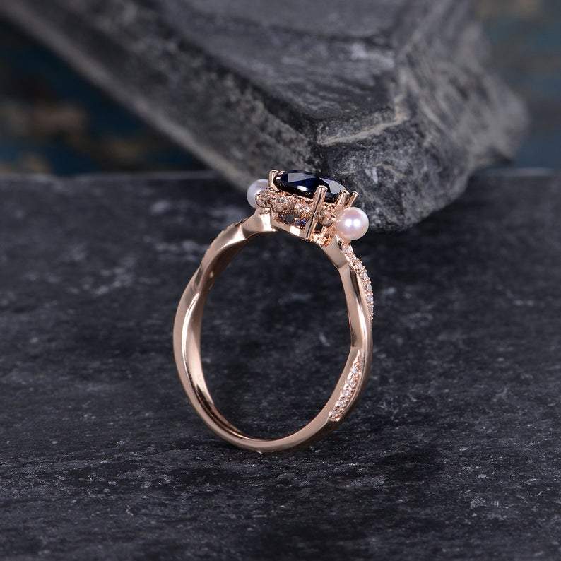 Blue Sapphire & Akoya Pearl Ring, Halo Surround