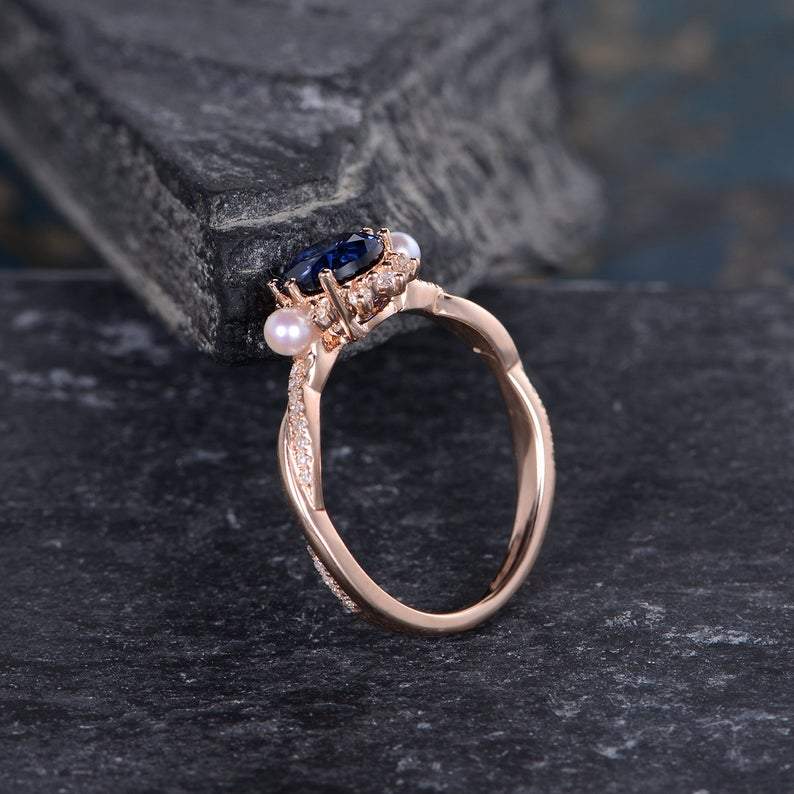 Blue Sapphire & Akoya Pearl Ring, Halo Surround