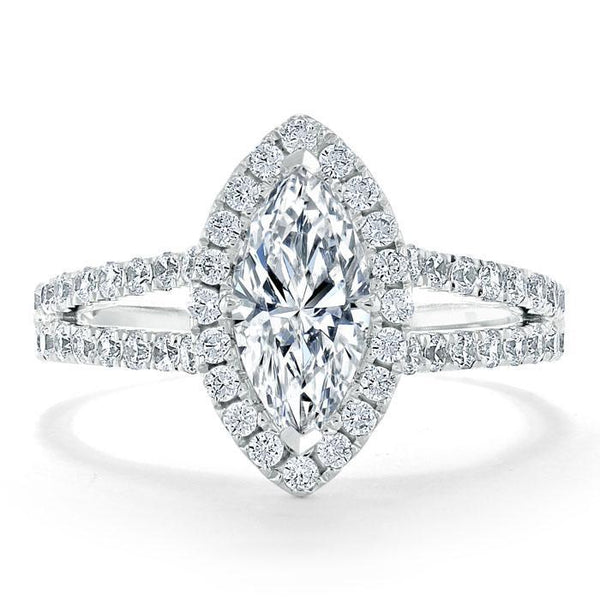 Marquise Cut Moissanite Halo Engagement Ring, Tiffany Style