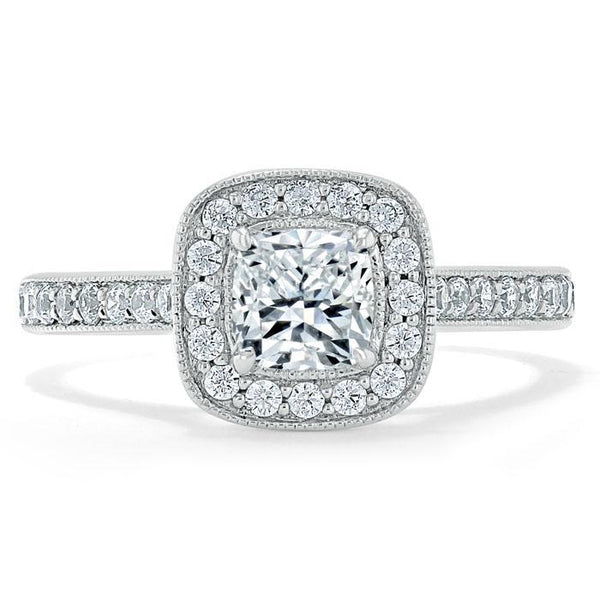 Cushion Cut Moissanite Halo Engagement Ring, Tiffany Style