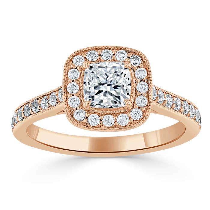 Cushion Cut Moissanite Halo Engagement Ring, Tiffany Style