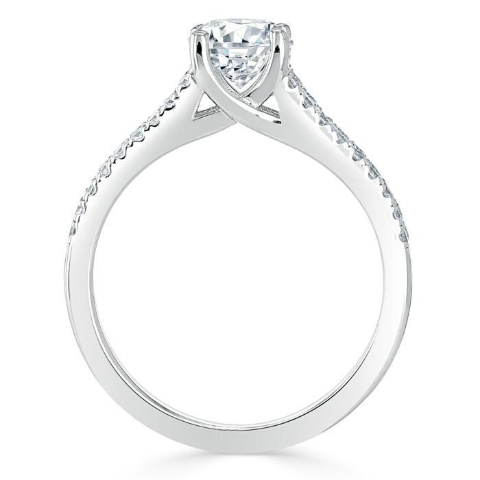 Round Cut Moissanite Engagement Ring, Tiffany Style Double Row Band